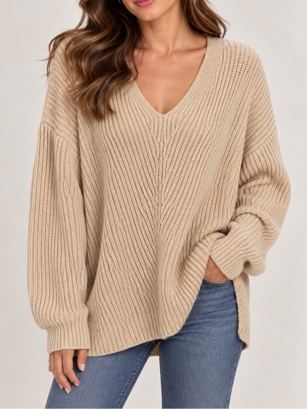 Urban Outfitters Beige Ribbed V-Neck Oversized Sweater